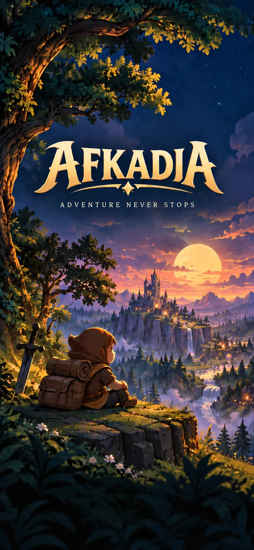 A young adventurer rests on a cliff at sunset and looks across a valley at a castle.